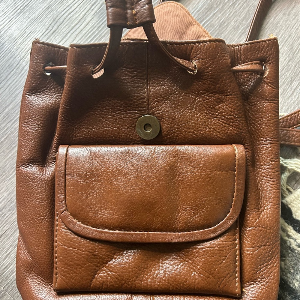Compact Brown Leather Mini Backpack with Front Po… - image 6